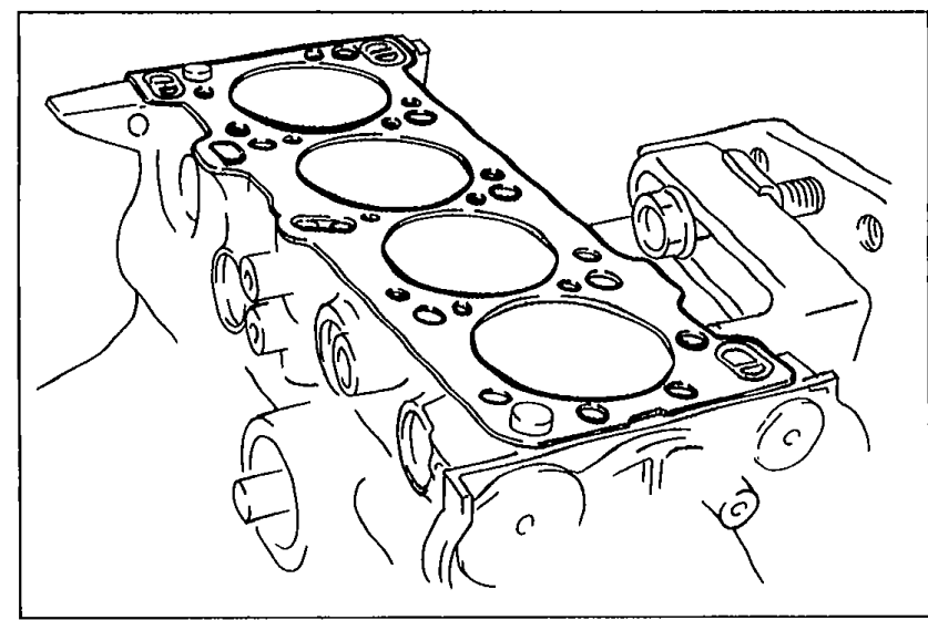 New cylinder head gasket placed on top of the cylinder block, showing the bore holes and coolant/oil passages.