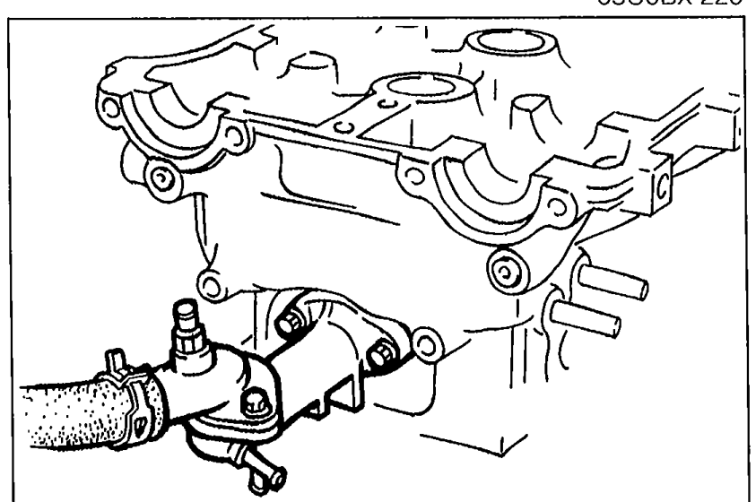 Thermostat housing installed on the cylinder head with a new O-ring. The lower coolant outlet hose connection is visible.