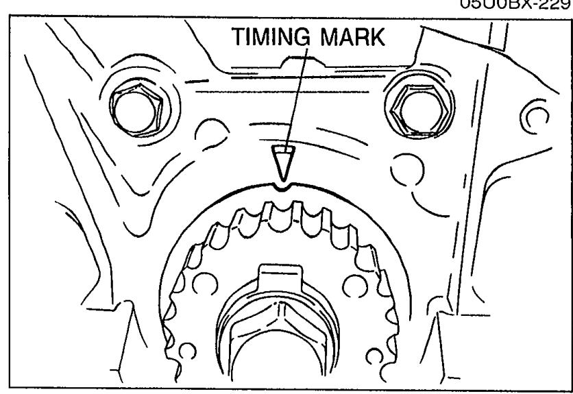 Crankshaft timing belt pulley with timing mark aligned. Label 'TIMING MARK' with a downward arrow points to the alignment mark on the pulley.