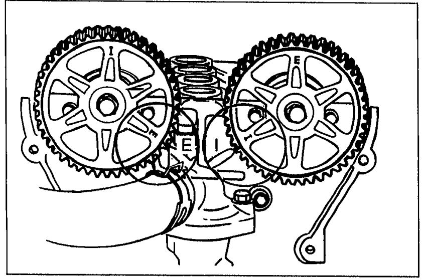 Both camshaft pulleys (intake and exhaust) viewed from the front, showing the timing mark alignment. The intake pulley E mark and exhaust pulley I mark must align with the seal plate marks.