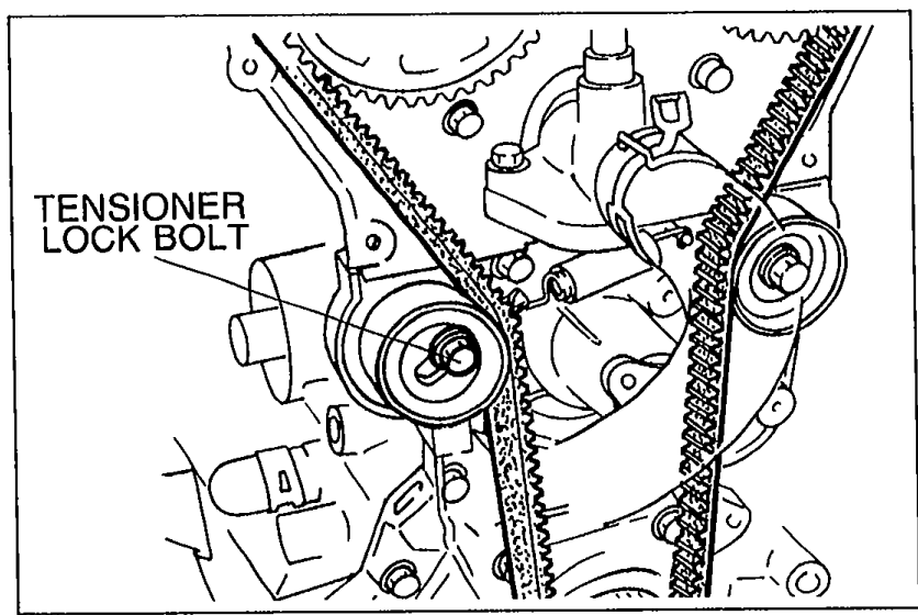 Tensioner with label 'TENSIONER LOCK BOLT' pointing to the lock bolt that must be loosened to apply tension to the belt.