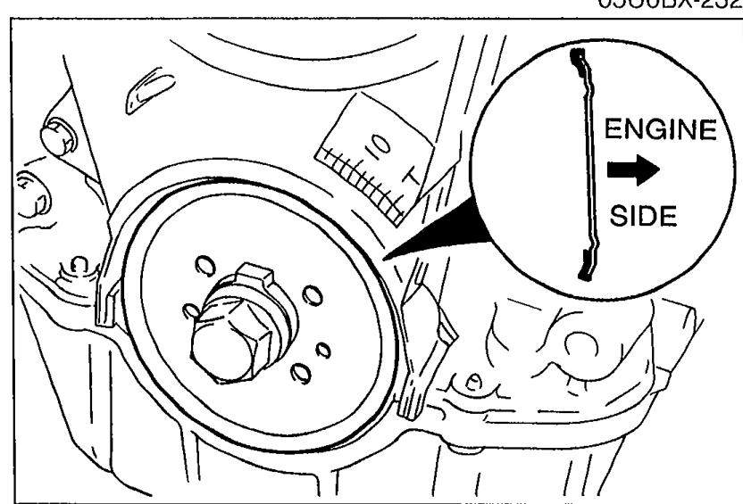 Timing belt inner guide plate installed at the crankshaft. An 'ENGINE SIDE' label with arrow shows the proper orientation of the guide plate.