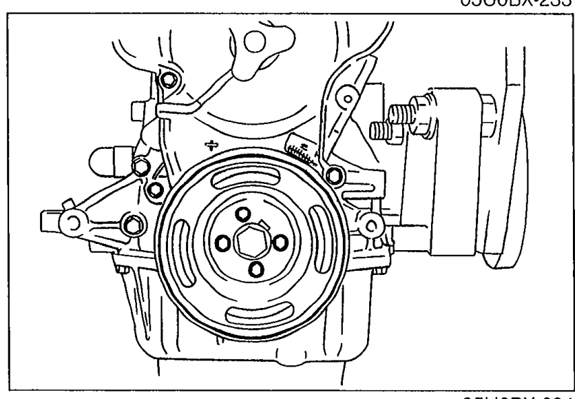Crankshaft pulley installed on the engine. Front view of the pulley with belt grooves visible.
