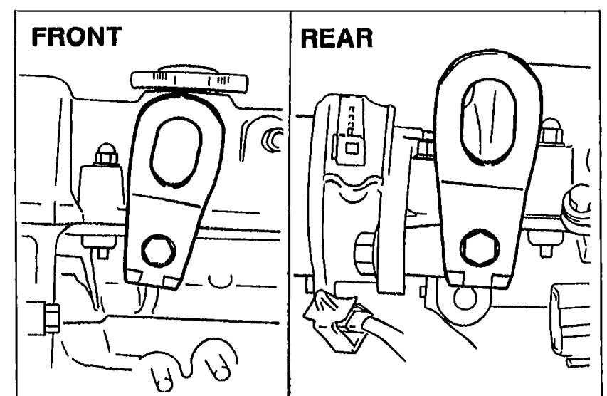 Two side-by-side photos of the engine hangers labeled 'FRONT' and 'REAR' showing the installed orientation of each hanger.