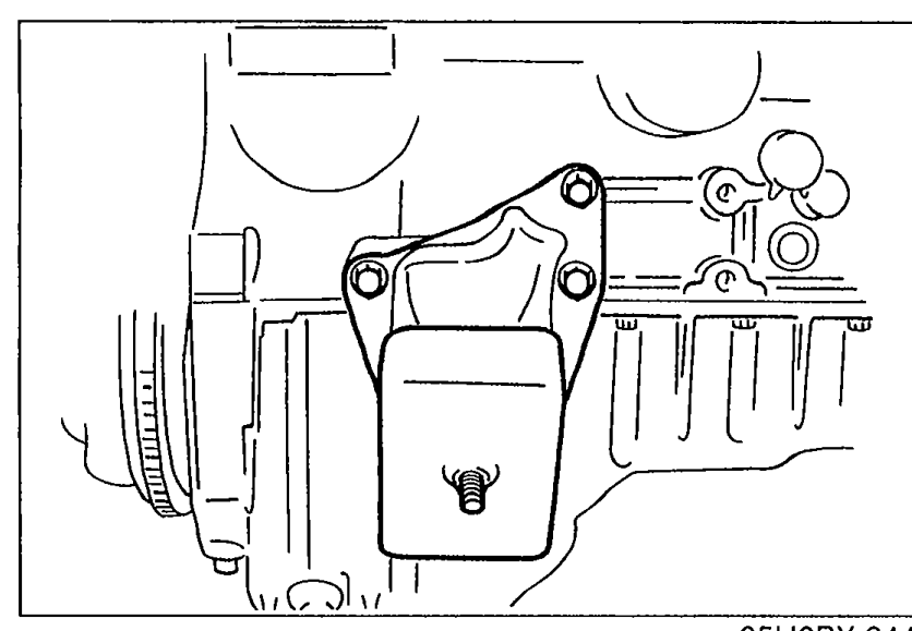 Right engine mount installed on the engine. View from the side showing the mount bracket.