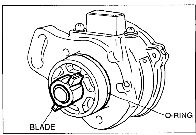 Crank angle sensor end view with labels 'BLADE' pointing to the sensor blade and 'O-RING' pointing to the sealing O-ring.