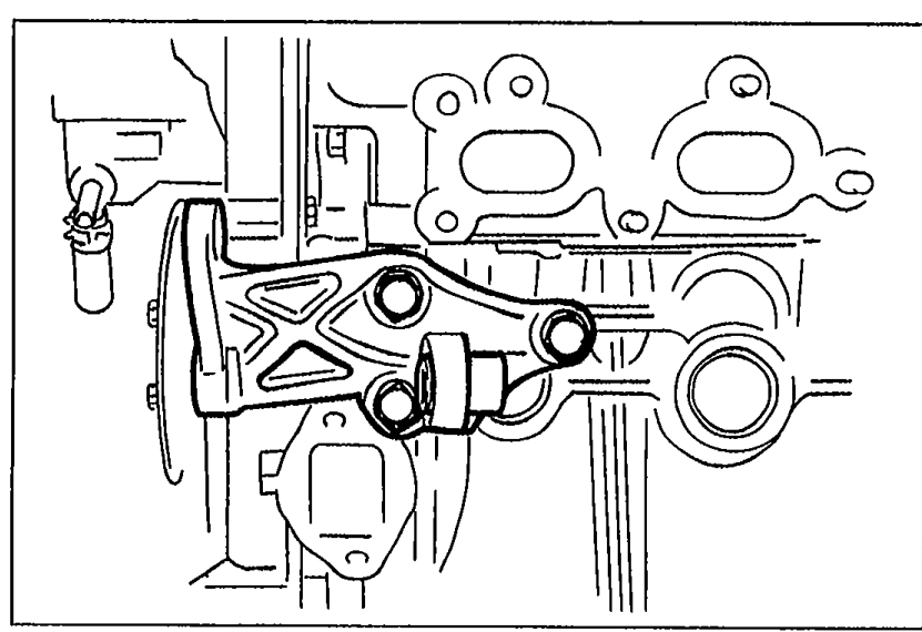 P/S oil pump bracket installed on the engine block. The A/C idler is also visible in the same area.