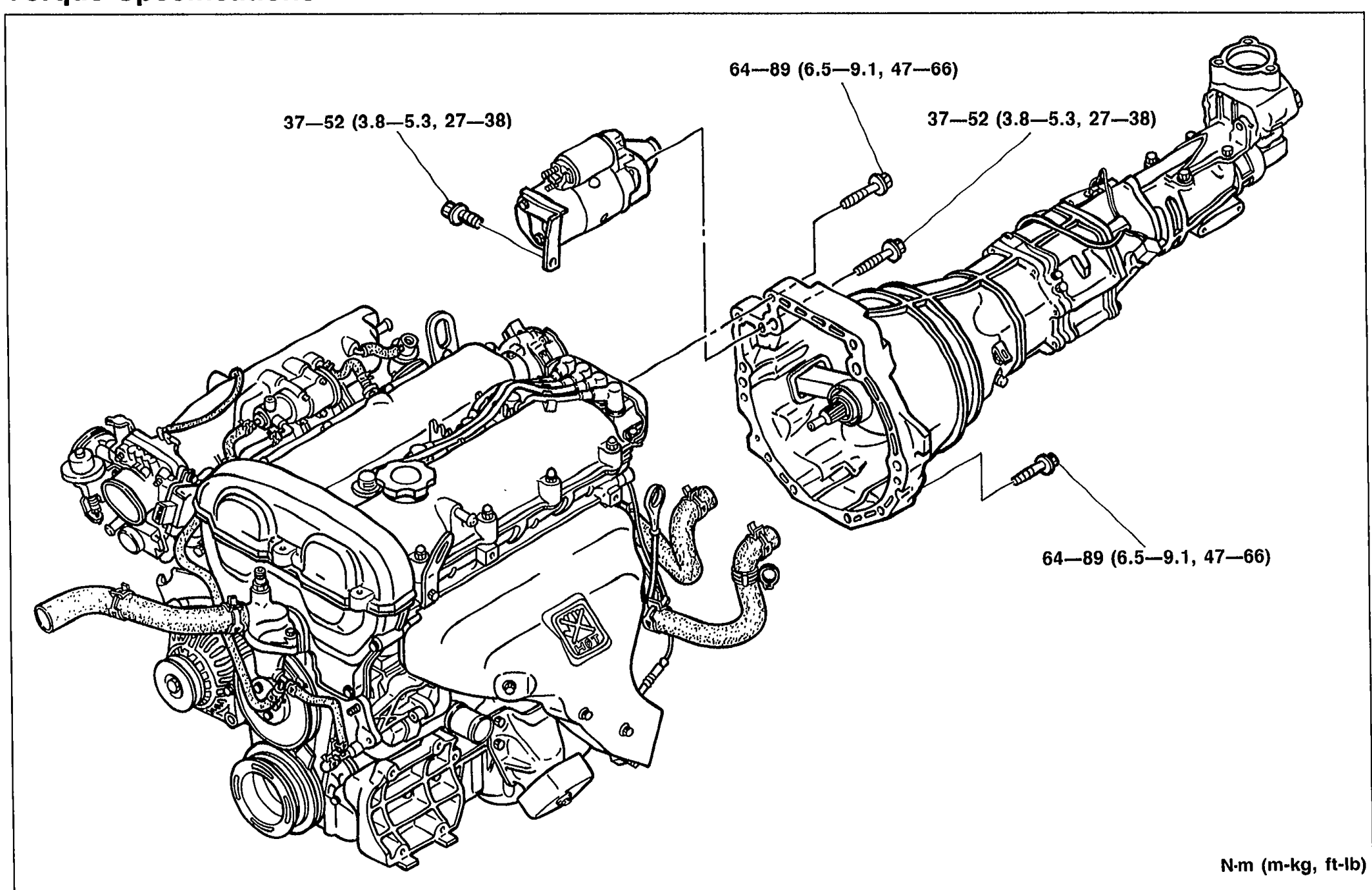 Engine and transmission assembly viewed from the front-left, showing four torque callouts: starter mounting (37-52 N·m), starter bracket bolt (64-89 N·m at top-center), transmission-to-engine bell-housing bolts (37-52 N·m at top-right), and exhaust pipe bracket bolt (64-89 N·m at lower-right). Units legend at lower-right: 'N·m (m-kg, ft-lb)'.