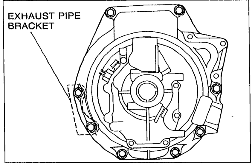 Close-up of the transmission bell-housing area showing the exhaust pipe bracket bolted to the transmission. A leader line labelled 'EXHAUST PIPE BRACKET' points to the bracket.