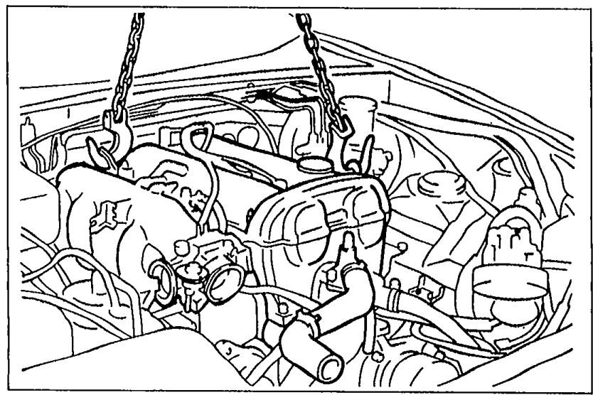 Engine and transmission assembly being lowered into the engine compartment from above, supported by lifting chains attached to engine hooks.