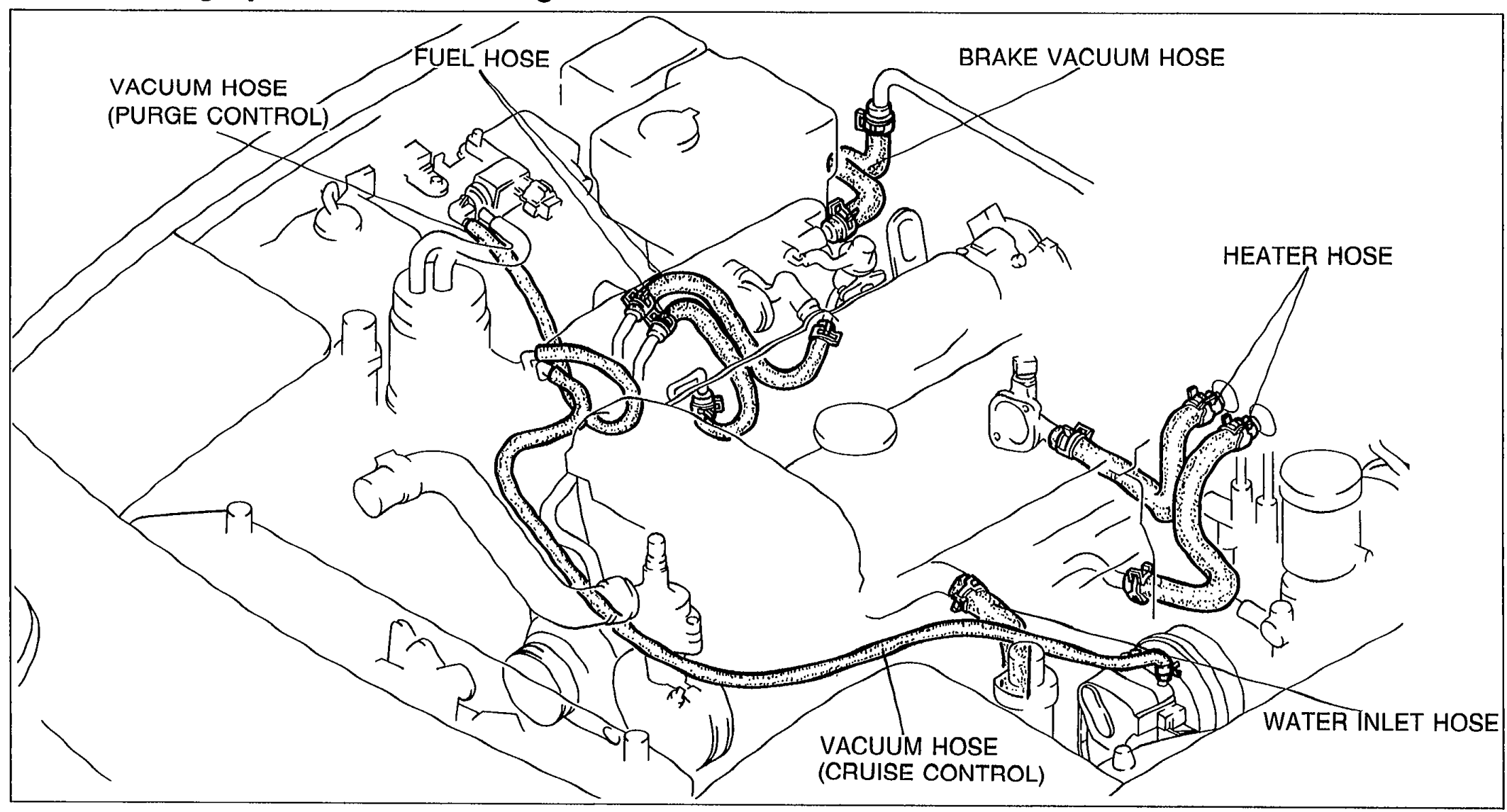 Top view of the engine showing hose routing with leader-line callouts: VACUUM HOSE (PURGE CONTROL), FUEL HOSE, BRAKE VACUUM HOSE, HEATER HOSE, WATER INLET HOSE, and VACUUM HOSE (CRUISE CONTROL).