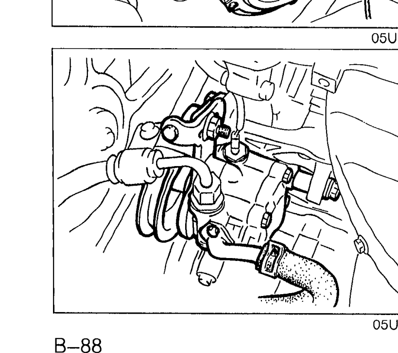 Close-up of the P/S (power steering) oil pump installed at the engine, showing the pump body and mounting bolts.