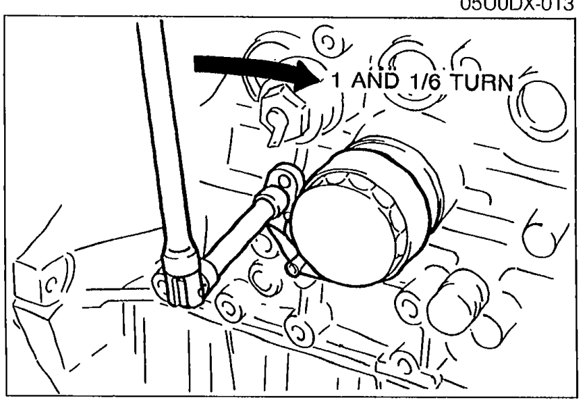 Photograph of the oil filter being tightened with an arrow and label '1 AND 1/6 TURN' indicating the tightening angle.