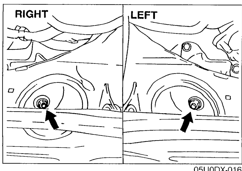 Two side-by-side photographs labeled 'RIGHT' and 'LEFT' showing the engine mount bolt locations with arrows pointing to the bolts to be loosened.