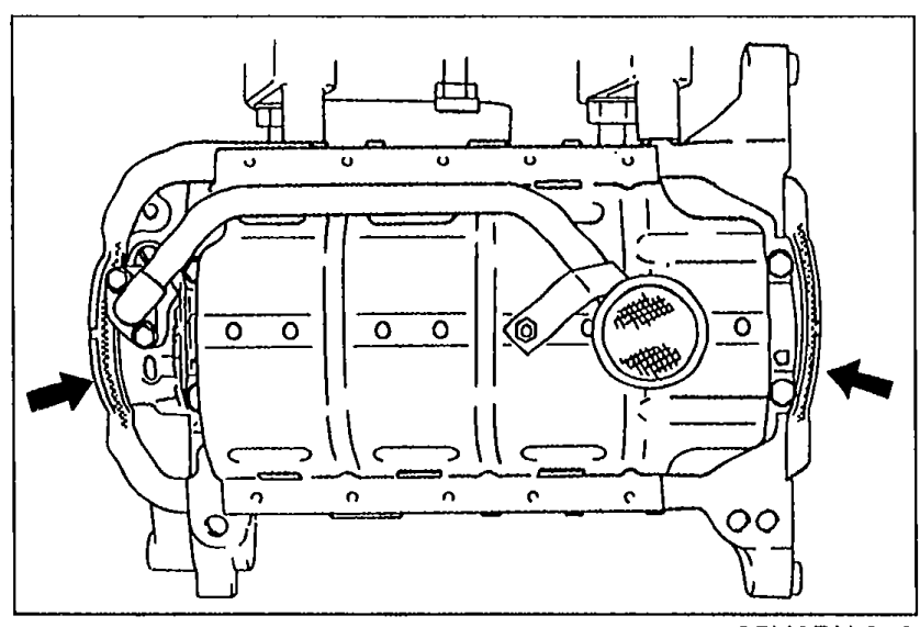 Top-down view of the cylinder block underside showing shaded areas at front and rear (with arrows) where silicone sealant is to be applied around the oil pump body and rear cover.