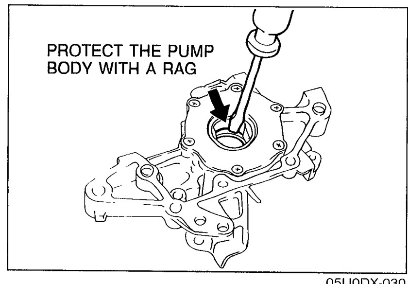 Illustration of the oil pump body with a screwdriver wrapped in a rag prying out the oil seal. Caption inside the figure: 'PROTECT THE PUMP BODY WITH A RAG'.