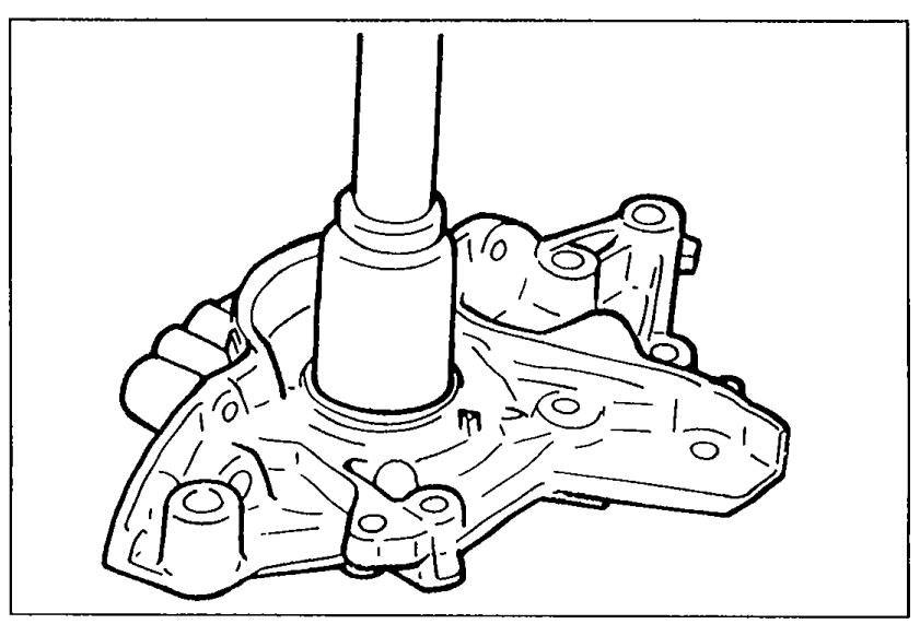 Illustration of the oil pump body with a suitable pipe positioned over the oil seal bore, being pressed in evenly to seat the oil seal flush with the edge of the pump body.