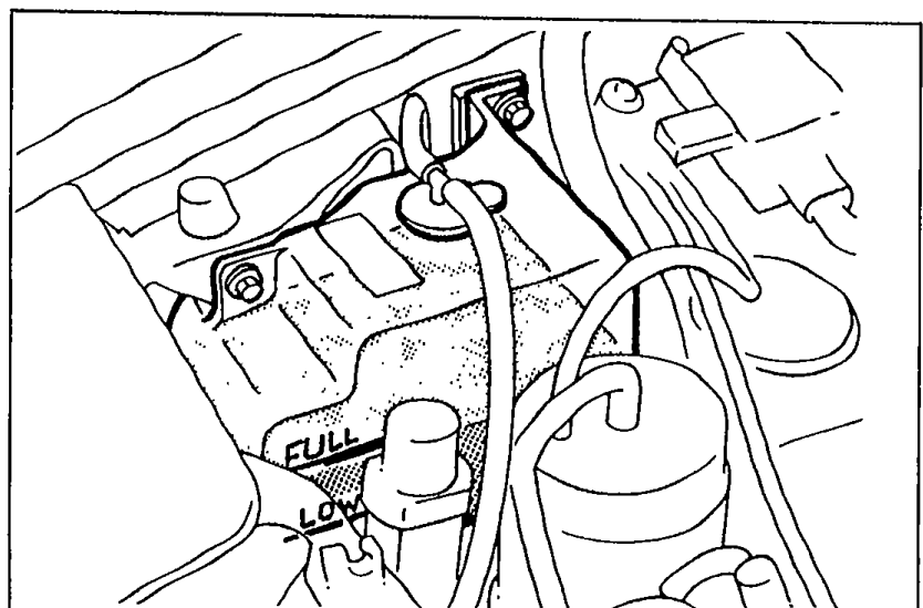 Engine bay photo showing coolant reservoir and radiator filler neck for coolant level inspection.