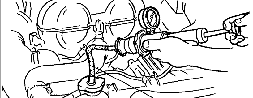Photo of SST 49 9200 146 (Adapter A) connected to the radiator filler neck along with a radiator pressure tester, for coolant leakage inspection.