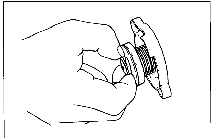 Photo showing hand pulling the negative pressure valve on the underside of the radiator cap.