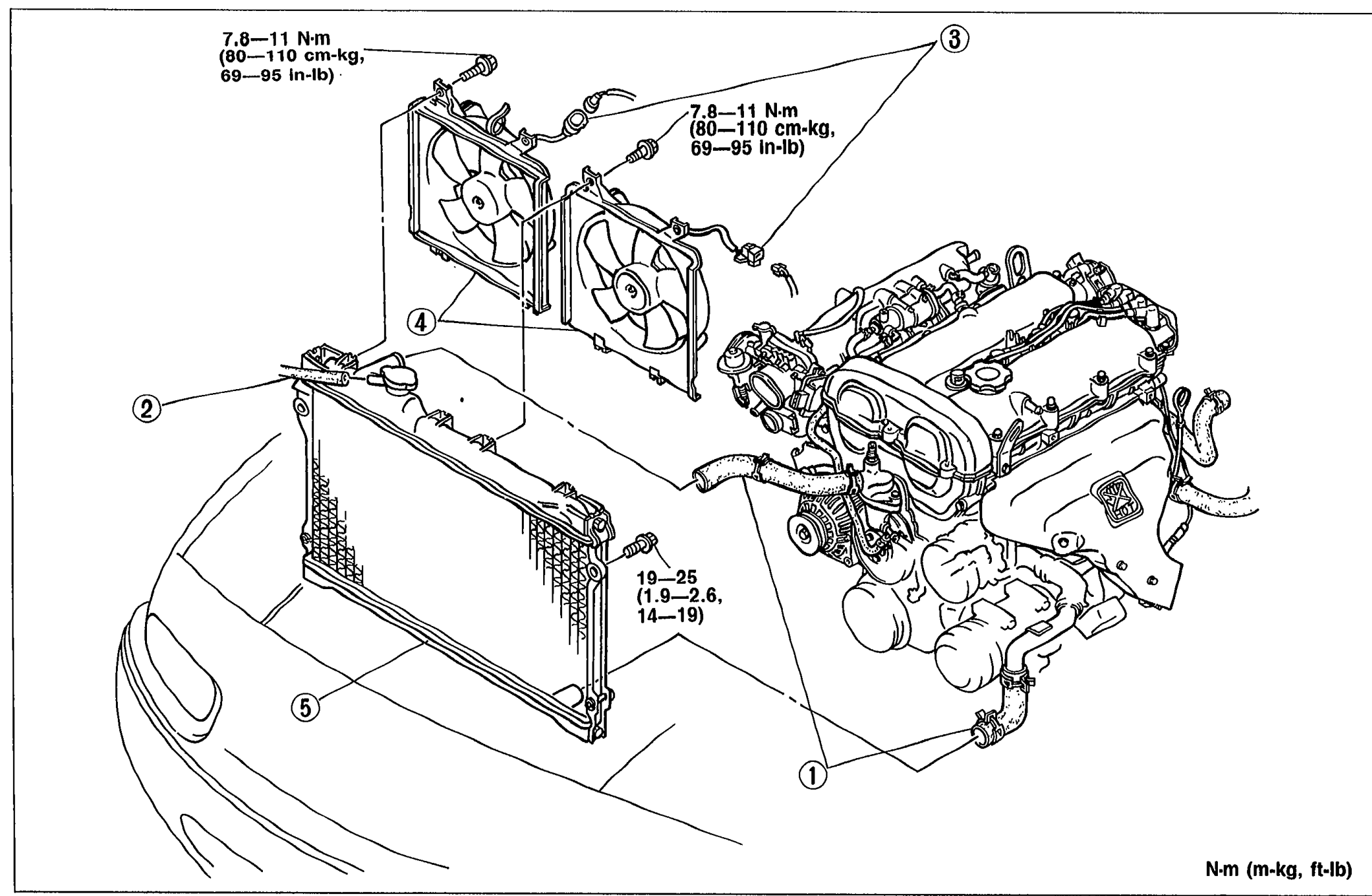 Exploded view of the radiator and electric cooling fan assembly in the engine bay (front of vehicle on left). Numbered callouts (1)–(5): (1) Radiator hose, (2) Coolant reservoir hose, (3) Cooling fan connector, (4) Cooling fan and additional fan, (5) Radiator. Torque values shown: 7.8–11 N·m (80–110 cm-kg, 69–95 in-lb) for fan mounting; 10–25 N·m (1.9–2.6 m-kg [unclear in some prints], 14–19 ft-lb) for radiator mounting. Unit caption: N·m (m-kg, ft-lb).