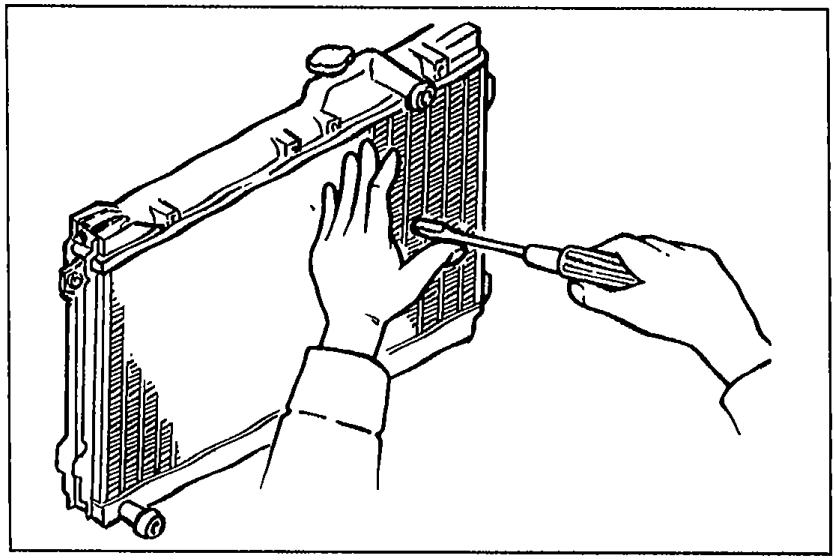 Illustration showing two hands inspecting the radiator: top hand using a screwdriver to straighten bent fins, lower hand inspecting the radiator inlet.