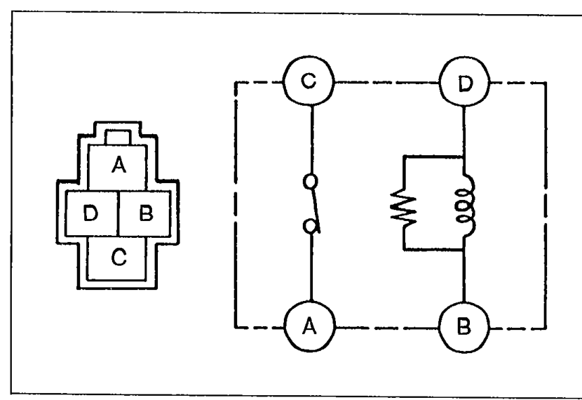 Fan relay terminal layout (left) showing pins A (top), D (left), B (right), C (bottom) and internal schematic (right) with switch between terminals C and A and coil between D and B.