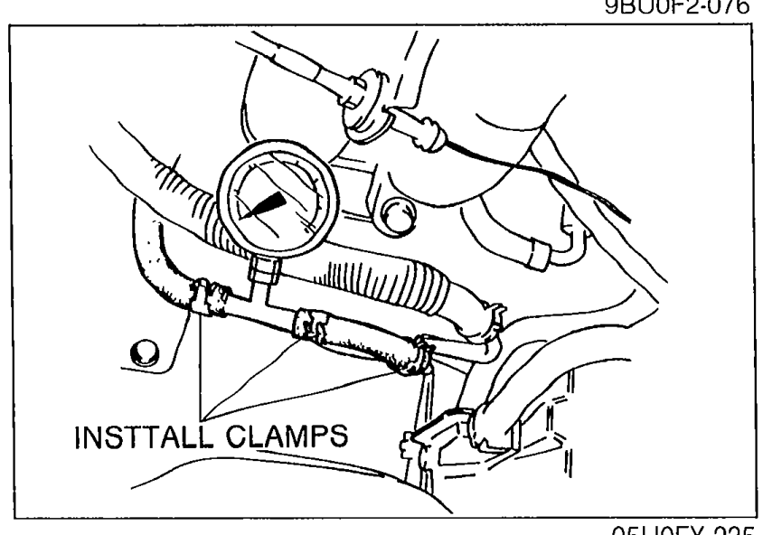 Fuel pressure gauge installed on the fuel line with callout INSTALL CLAMPS pointing to the hose-clamp locations.