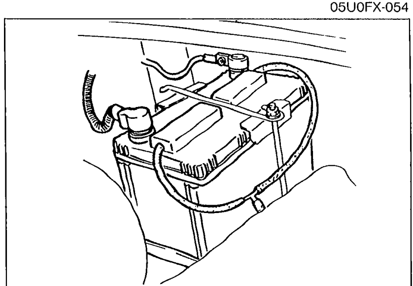 Battery installed in vehicle showing terminal connections. Illustrates loose/corroded terminal check.