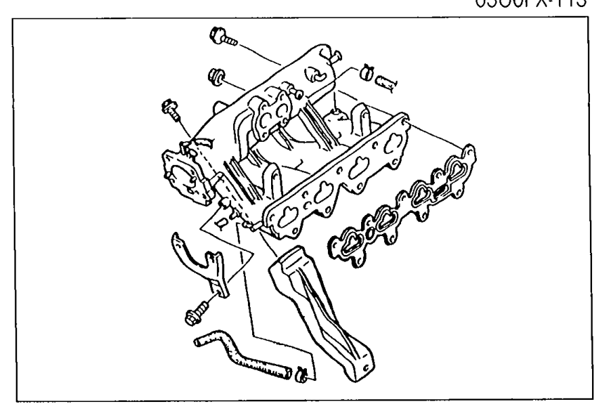 Photo of the intake manifold removed from the engine, showing its underside and mounting bracket.