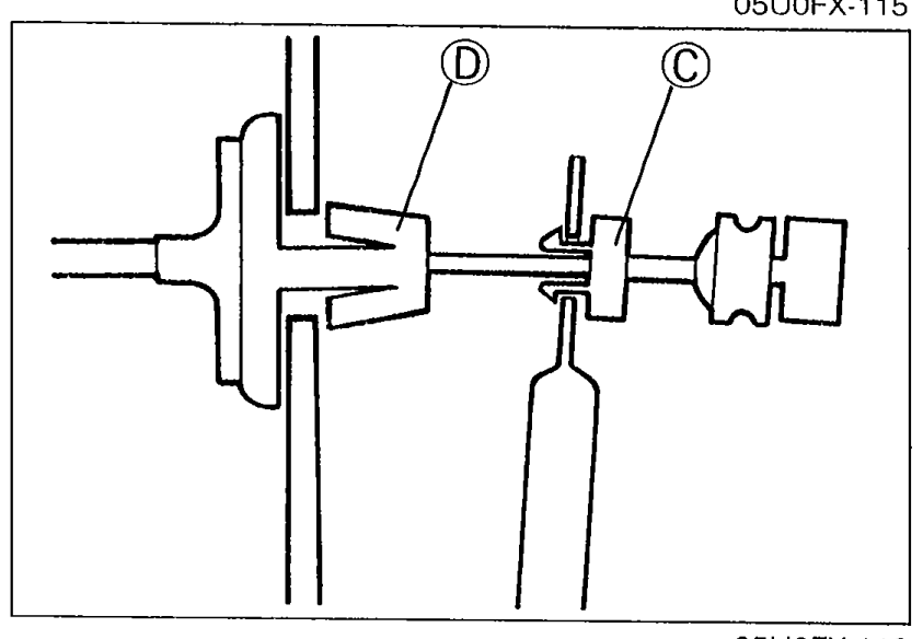 Close-up of the throttle adjustment area showing stays C and D for accelerator cable replacement.