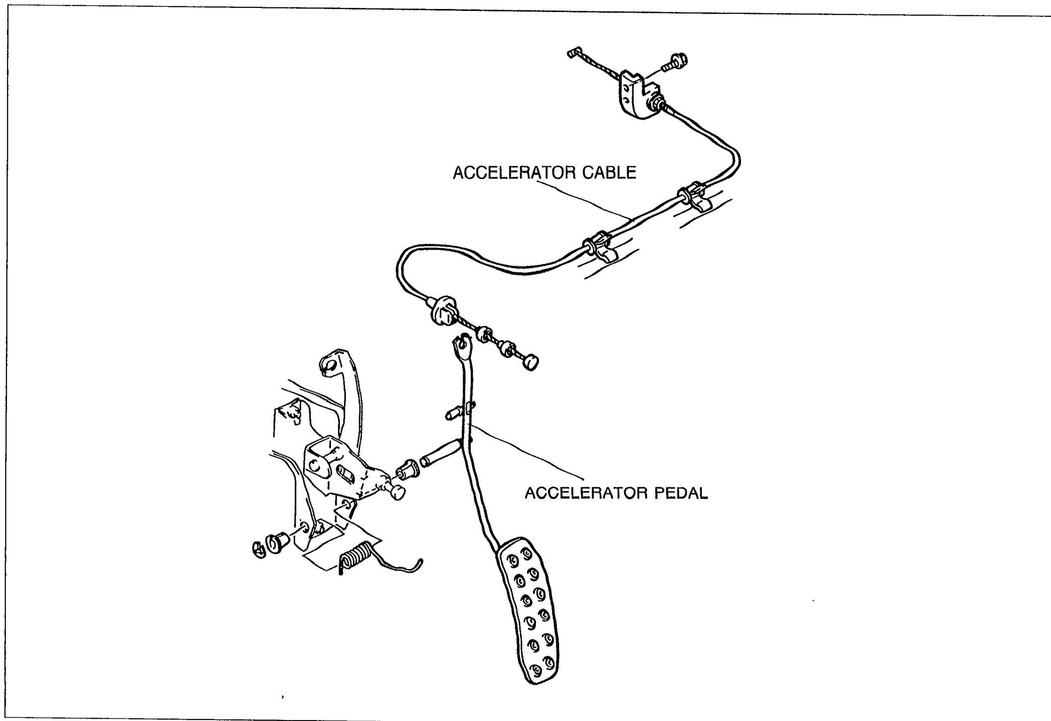 Exploded illustration of the accelerator pedal assembly with the accelerator cable, showing routing from pedal arm through firewall up to the throttle linkage. Labels: ACCELERATOR CABLE, ACCELERATOR PEDAL.
