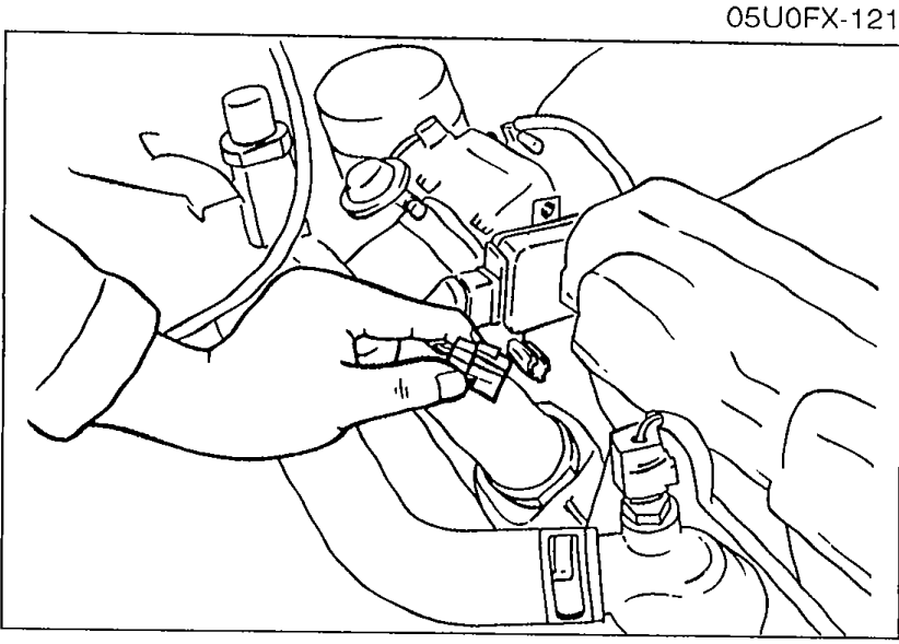 Engine bay photograph showing the ISC valve location and its 2-pin connector being accessed for disconnection during ISC valve test.