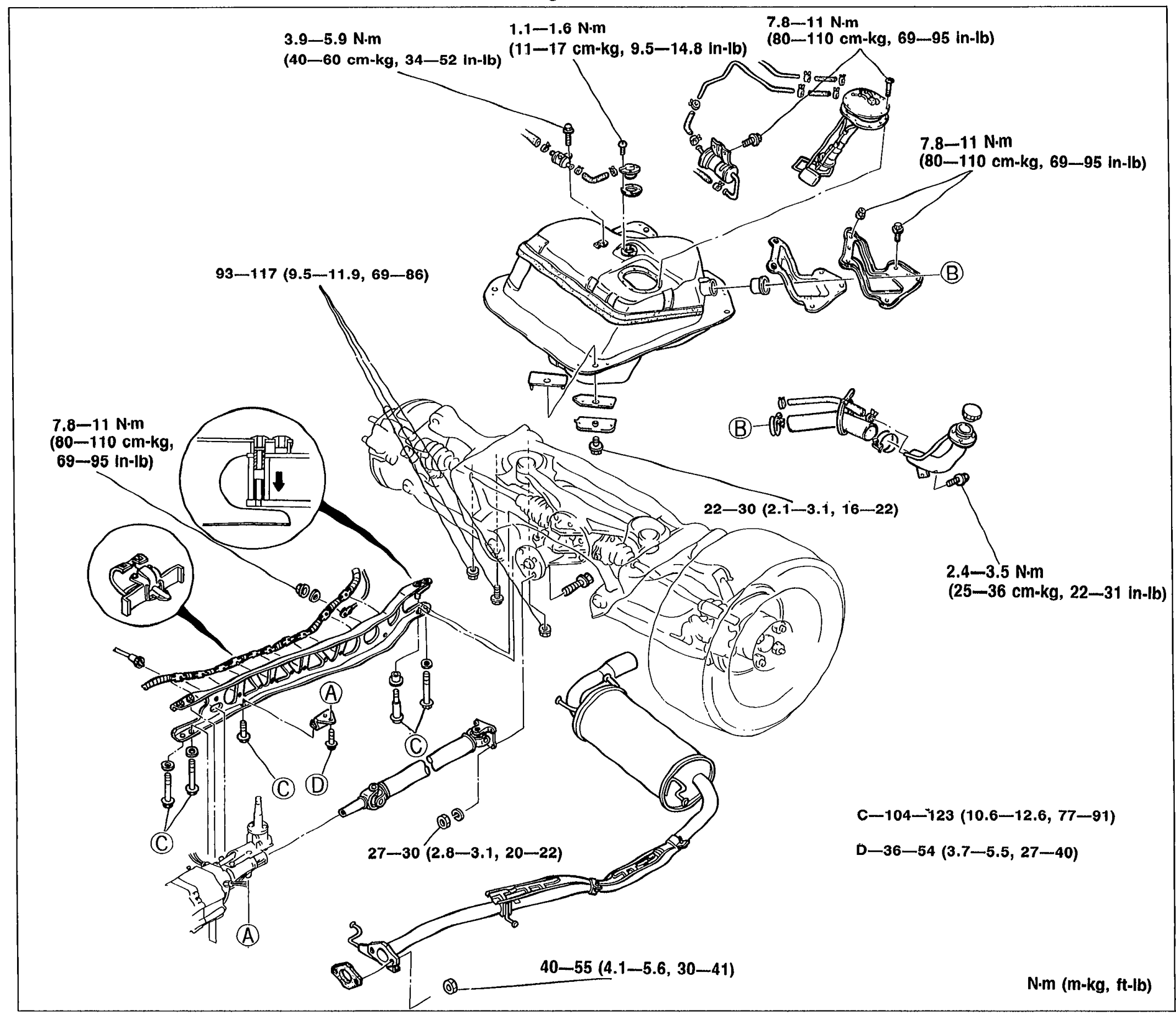 Exploded view of the MX-5 fuel tank assembly with surrounding hardware, hangers/straps, fuel filler hose, breather hoses, and the main silencer. Tightening-torque callouts label the bolts (in N·m with kg-cm/in-lb conversions in parentheses). Letter callouts A, B, C, D mark hose/clamp connections; an inset bubble shows a strap/hanger orientation detail with the 7.8—11 N·m torque arrow.