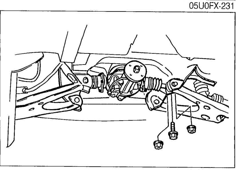 Underside photograph showing a transmission jack supporting the rear crossmember assembly during removal.