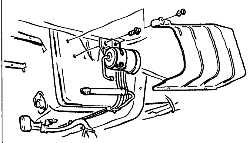 Underside photograph showing the fuel filter and bracket being removed with fuel hoses disconnected — final step of high-pressure fuel filter replacement.