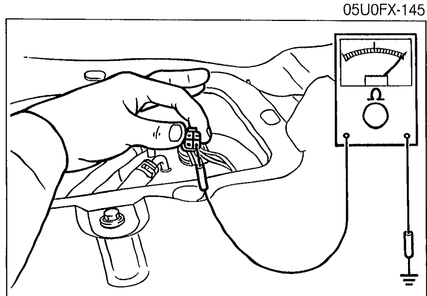 Photo of a hand using a voltmeter probe at the fuel pump connector to measure voltage between the connector wire and ground.