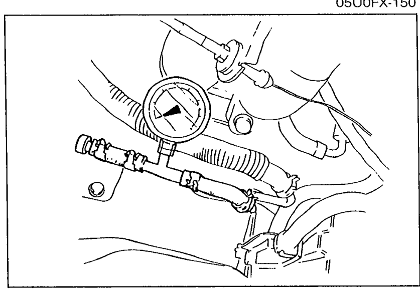 Photo of a fuel pressure gauge connected to the fuel main pipe with the gauge outlet plugged, and clamps installed to secure the connection.