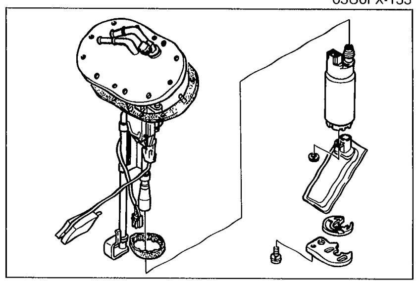 Illustration of the removed fuel pump and fuel tank gauge sender unit assembly along with the mounting bracket.