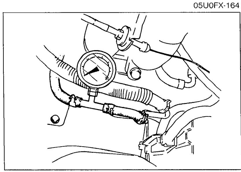 Photo of a fuel pressure gauge installed between the fuel pipe and fuel main hose with clamps, used for hold pressure measurement at the pressure regulator.