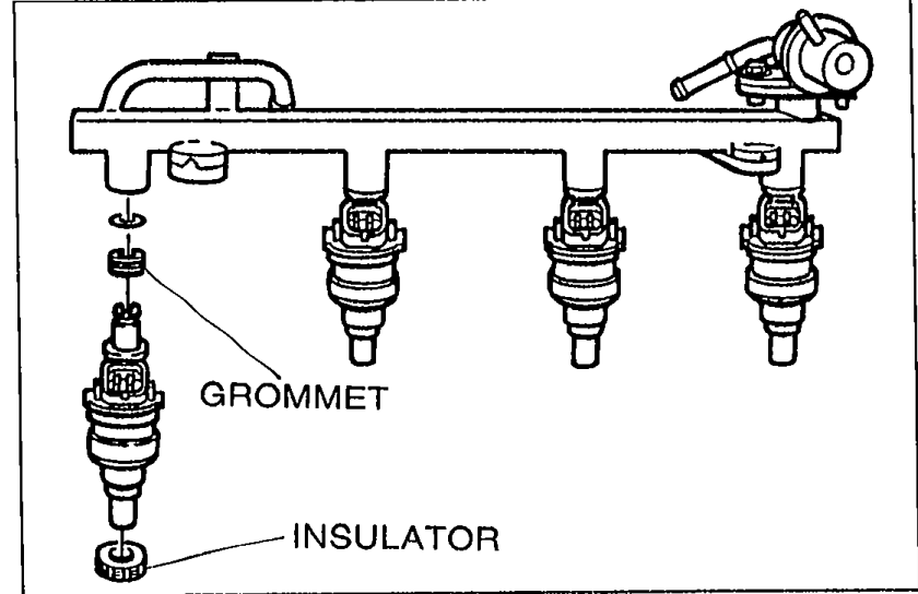 Exploded view of the delivery pipe with four injectors below it. Callouts identify the GROMMET (upper sealing ring on each injector) and the INSULATOR (lower seat under each injector).