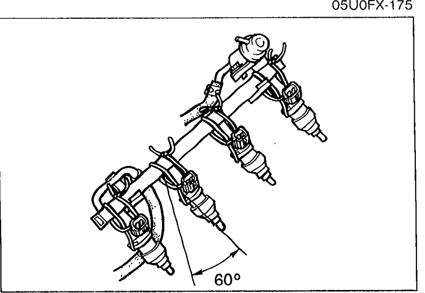 Photo of an injector tilted approximately 60 degrees to verify that no fuel leaks from the nozzle during the leakage test. A 60° angle indication is shown at the bottom of the figure.