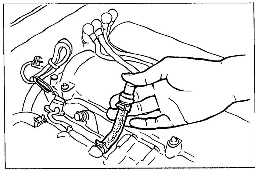 Photograph of a hand disconnecting the PCV valve and ventilation hose from the cylinder head cover on the engine. Illustrates the inspection procedure steps 2-4.