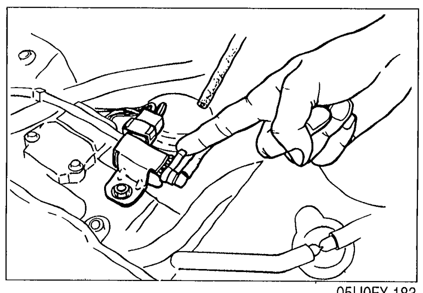 Photograph of the solenoid valve (purge control) in situ on the engine, with a hand pointing to it. Used for on-vehicle inspection steps.