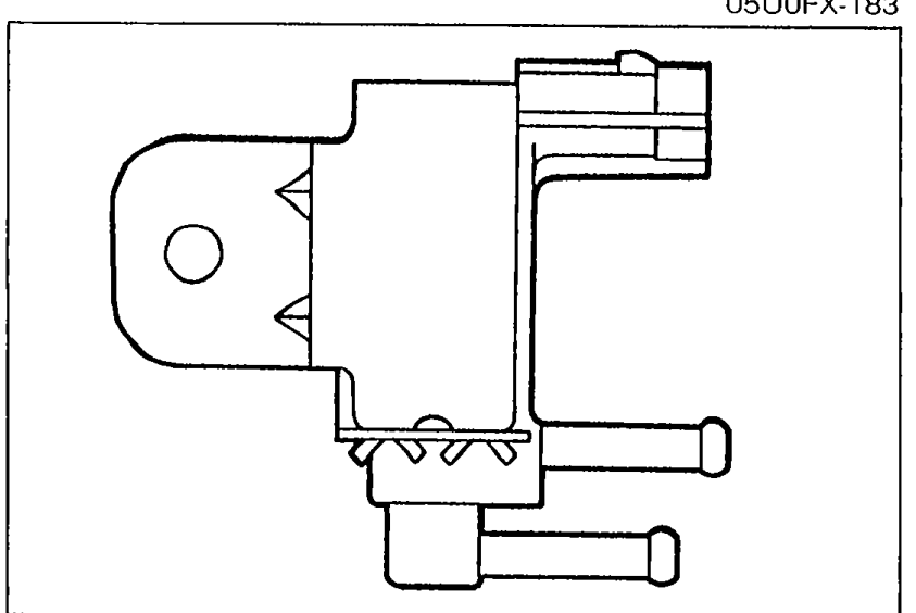 Line drawing of the solenoid valve (purge control) removed, showing the body, mounting bracket, and the two vacuum ports for the inspection-with-vacuum-hoses-disconnected step.