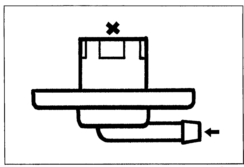 Line drawing of the fuel vapor valve turned over with an X mark on the top opening and an arrow showing the blow-through direction at the side port — illustrates step 3 (no air should flow when the valve is inverted).