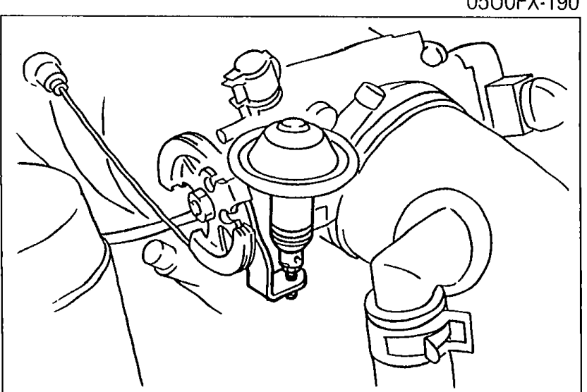 Close-up illustration of the dashpot and throttle linkage with the lever-to-dashpot-rod contact point highlighted for the engine-speed adjustment procedure.