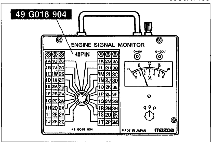 Engine Signal Monitor (49PIN) sheet/SST '49 G018 904' overlaid on the monitor face showing terminal layout.