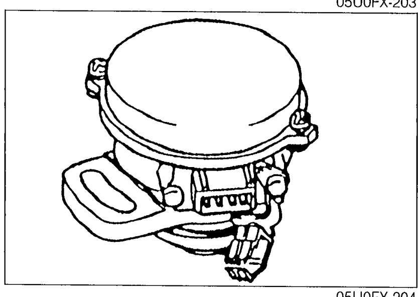 Crank angle sensor removed from engine, top-down view showing the round body and mounting bracket. Used to illustrate Inspection step.