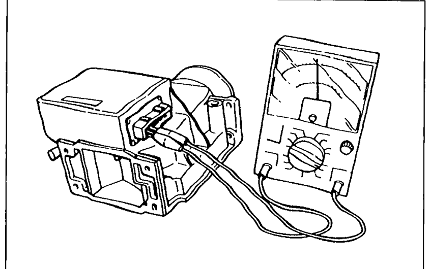 Airflow meter with ohmmeter probes connected to two terminals on the connector to check resistance.